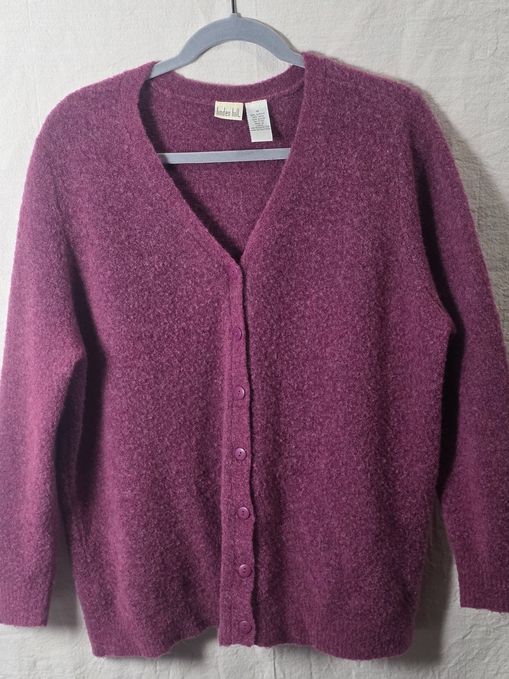 Wool Blend V-Neck Button Cardigan in Plum by Linden Hill
